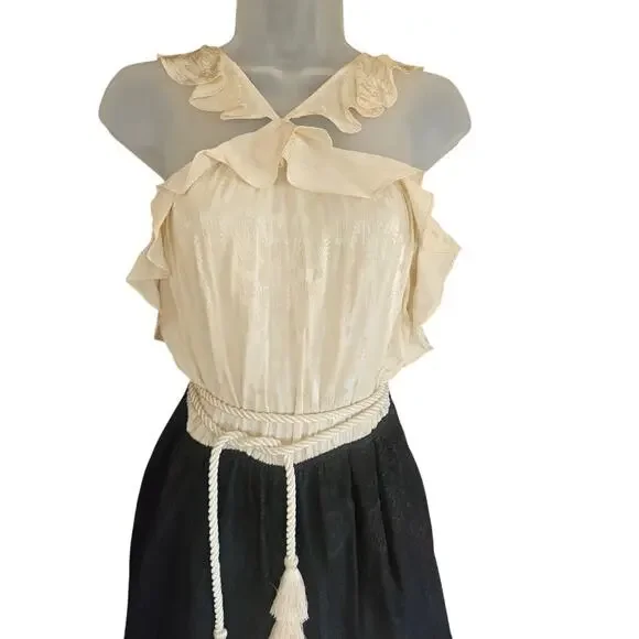 Rachel Zoe Ivory Black Halter Jumpsuit SZ 6 Ruffled Slraps Silk Tassled Tie NWT - Picture 6 of 11